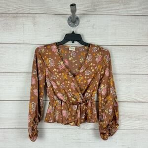 Peach Love California Women's Brown Floral Fall Waisted Balloon Sleeve Top Small